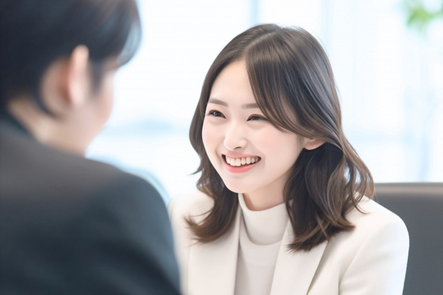笑顔で打合せする女性